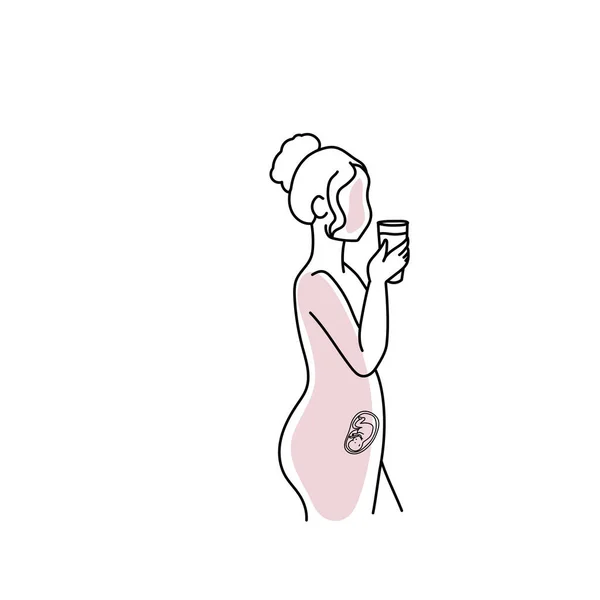 Ligne Art Femme Enceinte Tenant Tasse Isolé Sur Fond Blanc — Image vectorielle
