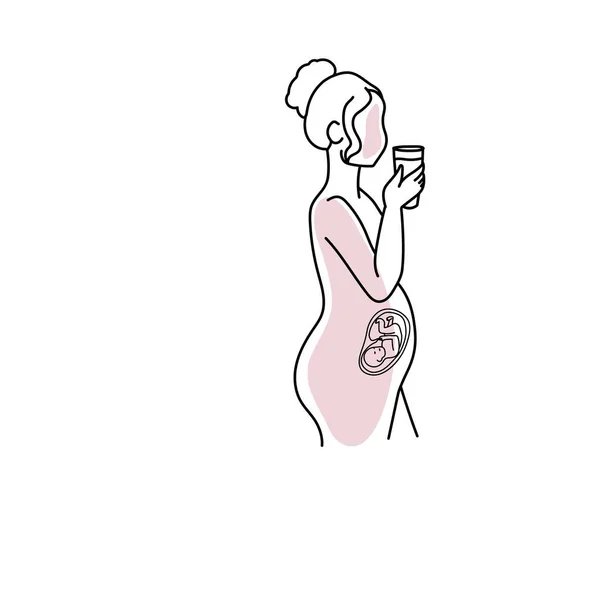 Line Umění Těhotná Žena Drží Šálek Izolované Bílém Pozadí — Stockový vektor