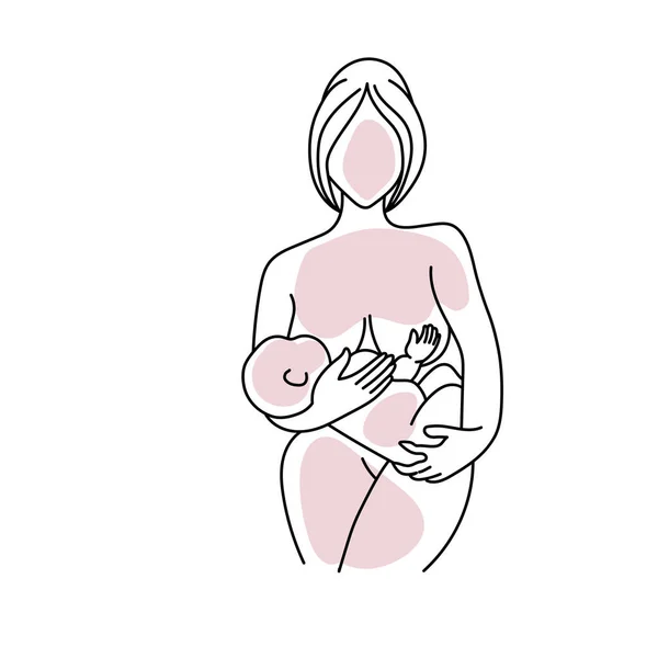 线条艺术的母亲在白色背景下独立地哺育她的孩子 — 图库矢量图片