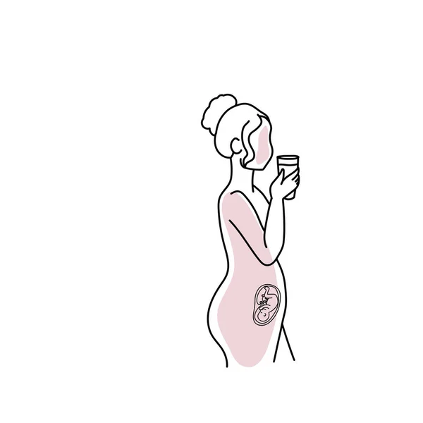 Line Umění Těhotná Žena Drží Šálek Izolované Bílém Pozadí — Stockový vektor