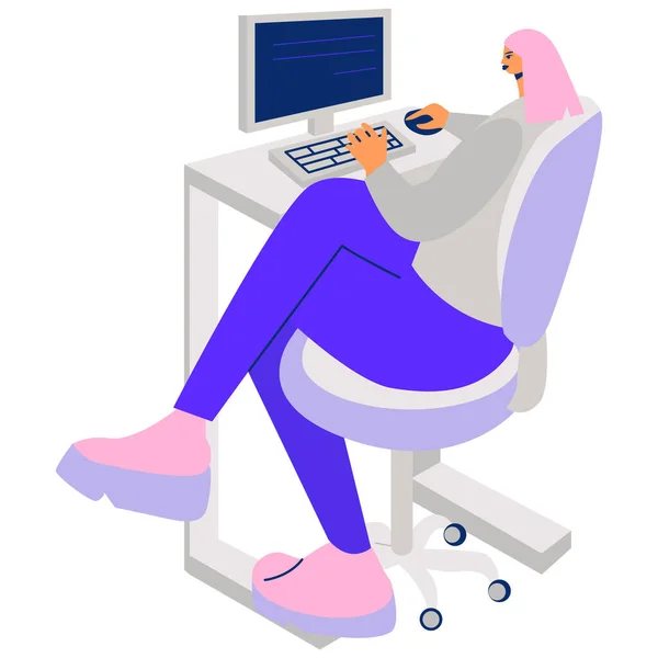 stock vector Woman sitting at the desk working on computer vector illustration.