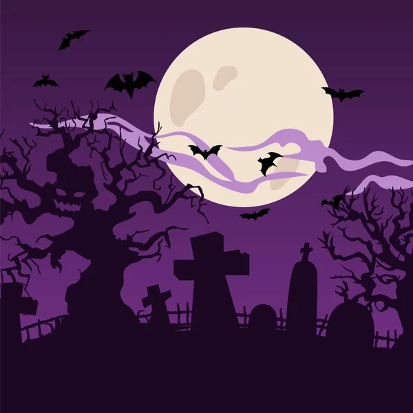 Luna Llena Silueta Cementerio Halloween Ilustración — Vector de stock
