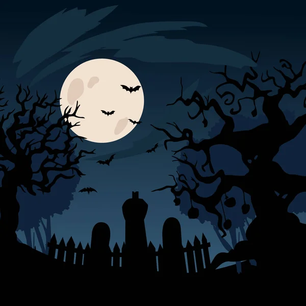 Cemitério Lua Cheia Noite Halloween Cena Vetor Ilustração —  Vetores de Stock