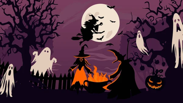 Lua Cheia Halloween Assustador Bruxas Fantasmas Perto Caldeirão Desenho Animado —  Vetores de Stock
