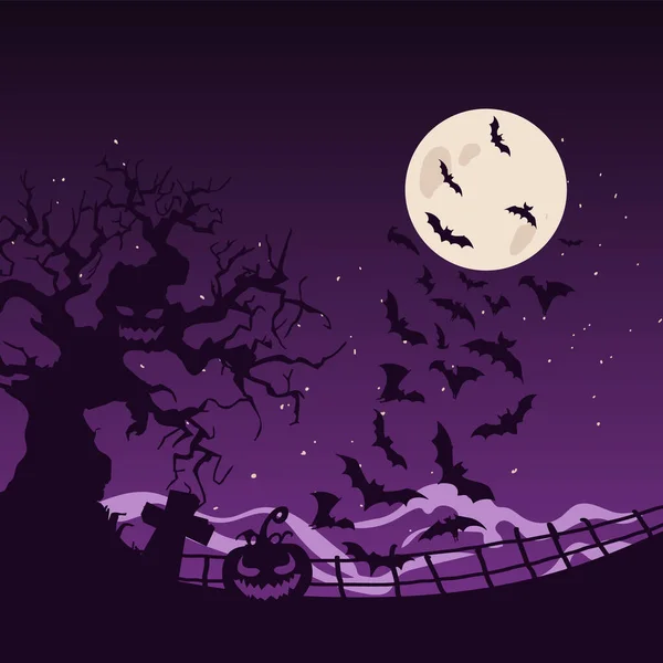 Noche Estrellada Halloween Cementerio Ilustración Vector Dibujos Animados — Archivo Imágenes Vectoriales