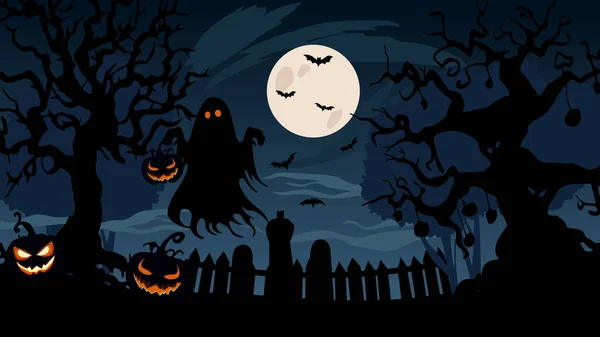 Halloween Scène Nuit Avec Fantôme Volant Tenant Une Lanterne Citrouille — Image vectorielle
