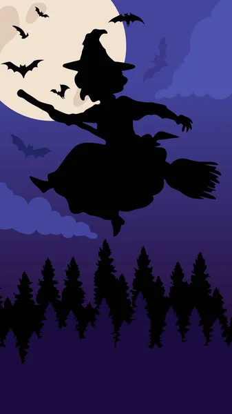 満月ベクトルのイラストの前に飛ぶ魔女のシルエット — ストックベクタ