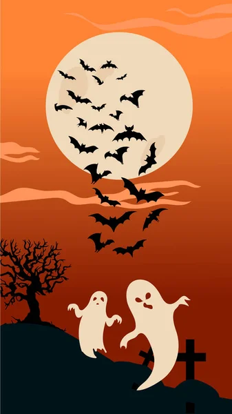Fantasmas Aterradores Murciélagos Luna Llena Noche Halloween Ilustración Vector Dibujos — Archivo Imágenes Vectoriales