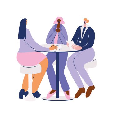 Beyaz arka planda üç kadının ofiste buluşması.