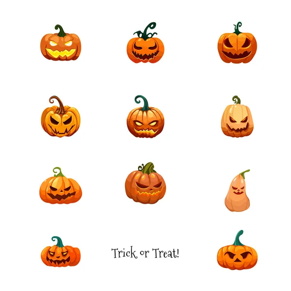 Zlá Tvář Halloween Dýně Set Izolované Bílém Pozadí — Stockový vektor