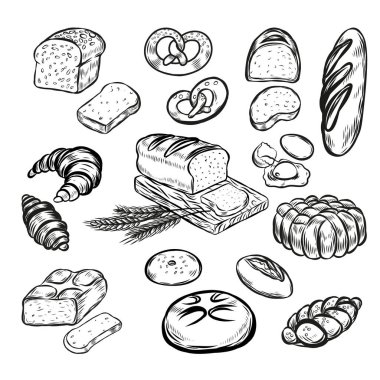 Beyaz arkaplanda izole edilmiş fırınlanmış hamur işleri ve ekmek çizgileri.