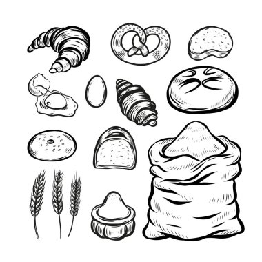 Ekmek ve un torbası çizim dizisi.