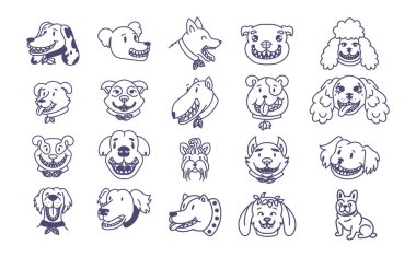 Mutlu köpek yüzleri çizim koleksiyonu.