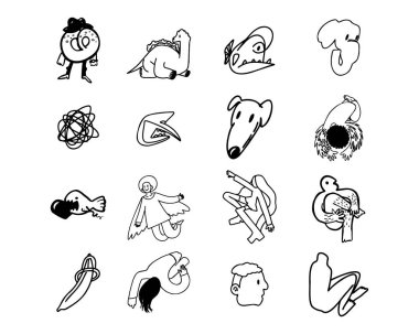 Beyaz arka planda izole edilmiş sevimli ve kaprisli karalama seti.