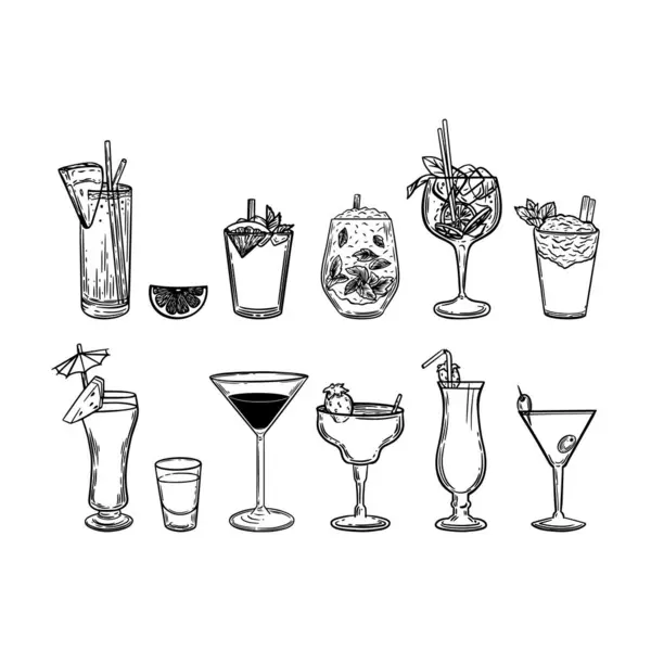 Stock vector Bar drinks in glasses line drawing vector illustration set.