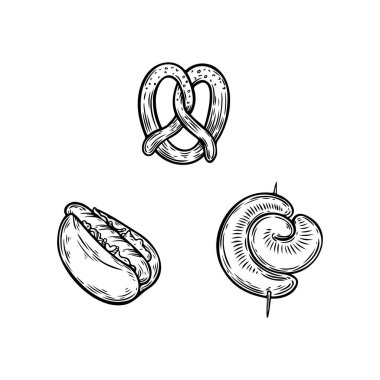 Simit ve sucuk kabartmalı çizim vektörü beyaz arka planda izole edildi.