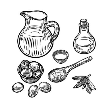 Zeytin, yaprak ve mutfak gereçleri beyaz arkaplana izole edilmiş çizgiler çiziyor.