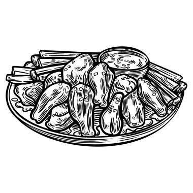 Geleneksel yemek bufalo kanatları oymalı çizim çizimi.