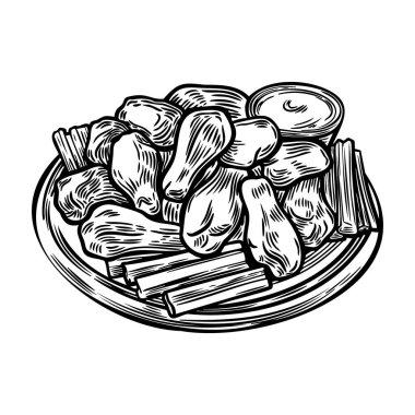 Bufalo kanatları ve geleneksel yemek çizimi çizimi..