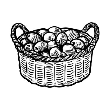 Beyaz arkaplanda izole edilmiş zeytin çizgili hasır sepet..