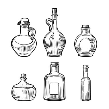 El çizimi şişe koleksiyonu beyaz arkaplanda izole edildi.