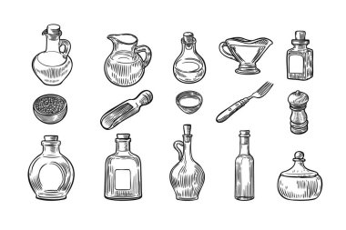 Mutfak eşyası işlemeli çizgi çizimi beyaz arkaplanda izole edildi.