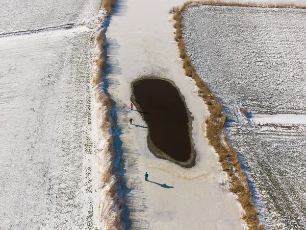 两个人在荷兰弗里斯兰冰冻的河里滑冰 在蓝色的天空下 金黄色的芦苇在水面两侧 河中央的水还没有结冰 左轮手枪 — 图库照片