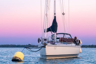 Sailing boat anchored on a yellow mooring buoy with dramatic sunset. Pink and purple skies.Brown labradoodle standing guard on deck. Taken in Zeeland, The Netherlands. High quality photo