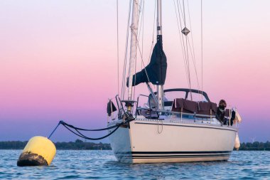 Sailing boat anchored on a yellow mooring buoy with dramatic sunset. Pink and purple skies. Brown labradoodle standing guard on deck. Taken in Zeeland, The Netherlands. High quality photo