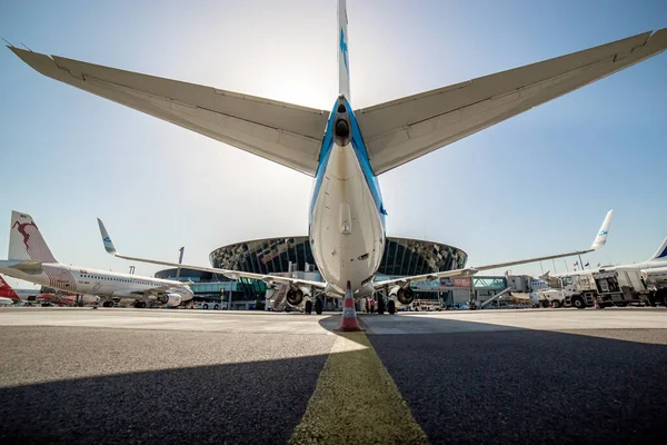 Rear view of airplanes parked at terminal at airport. Bright sun overhead with blue skies. Multiple aircraft visible. Yellow guidance line painted on concrete surface. High quality photo