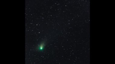 Comet C 2022 E3. Bright green nucleus and faint Comets ion tail. Imaged on januari 19th 2023. Background stars visible. Timelapse of 5 hour movement. High quality video