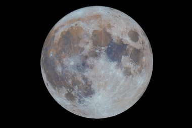 Full moon with miniral colours on a black background. High contrast and sharpness, mountains and valleys, craters, and Maria in excellent detail. High quality photo