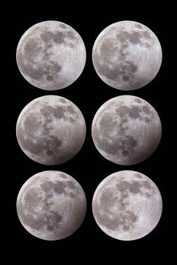 6 Different phases of a partial lunar eclipse. The shadow of earth passing over the surface of the moon. Black background. High quality photo