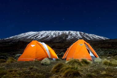 Orange tents illuminated from inside before Mount Kilimanjaro during nighttime. Stars and Milky Way visible. High quality photo clipart
