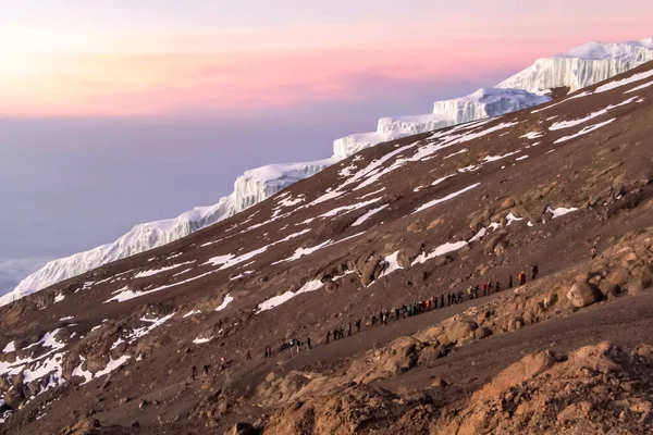 Hikers on the slopes during sunrise at Mount Kilimanjaro. Glaciers, gravel. Summit attempt. Snow and ice on the slopes. Headlights illuminating the way. High quality photo