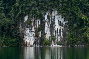 Khao Sok Ulusal Parkı, Tayland 'daki yeşil ormanlarla kaplı kireçtaşı uçurumları. Mavi göl ve uzun kuyruk teknesi, mavi gökyüzü. Yüksek kalite fotoğraf