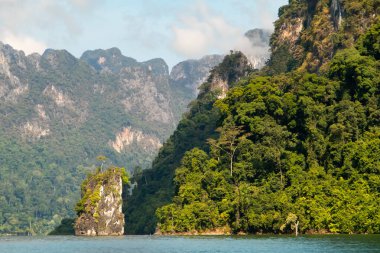 Khao Sok Ulusal Parkı, Tayland 'daki yeşil ormanlarla kaplı kireçtaşı uçurumları. Mavi göl ve uzun kuyruk teknesi, mavi gökyüzü. Yüksek kalite fotoğraf