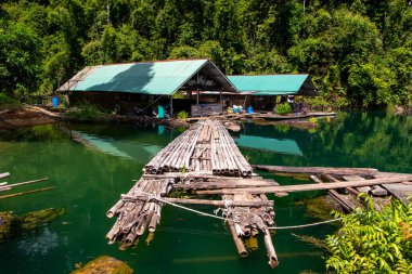 Tayland 'daki Khao Sok Ulusal Parkı' ndaki yeşil ormandaki küçük bir köy. Mavi göl ve uzun kuyruk teknesi, mavi gökyüzü. Yüksek kalite fotoğraf