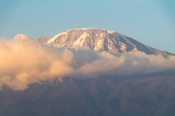 Mount Kilimanjaro Seen Clouds Foreground Bush Top Covered Snow Dramatic — Stock Photo, Image