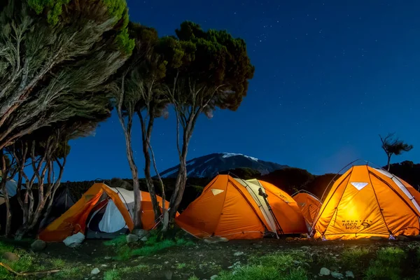 Kilimanjaro Dağı 'ndan önce gece boyunca turuncu çadırlar içeriden aydınlatıldı. Yıldızlar ve Samanyolu görünür. Yüksek kalite fotoğraf