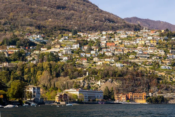Lago Como Comosjön Italien Med Palacios Stora Hus Våren Vattentaxi — Stockfoto