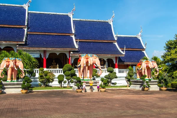 Tempio Buddista Tailandese Con Tetto Piastrellato Blu Statue Elefanti Rosa — Foto Stock