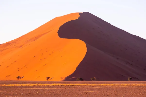 Sossusvlei, Namibya 'da sabah güneşinde gölgeli kırmızı kum tepeleri. Yüksek kırmızı ve turuncu kumulların zarif kıvrımları, mavi gökyüzü. Yüksek kalite fotoğraf