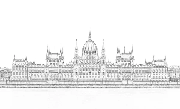 stock image Black and white pen drawing of he Hungarian Parliament Building in Budapest, Hungary, on the Danube river. With pure white background