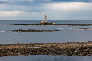 St. Marys Deniz Feneri. Basalt yolu alçak gelgitte bir dizi bazalt rıhtımla ve İngiliz sahilinin sadece düz, sakin bir deniziyle. Whitley Bay, Newcastle, İngiltere. Yüksek Kalite Fotoğraf