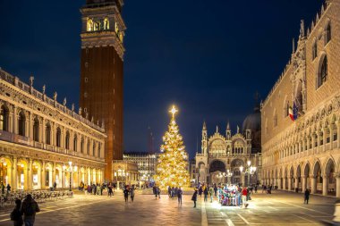 Venedik, İtalya 'daki San Marco meydanında gece karanlığında süslenmiş Noel ağacı var. Yüksek kalite fotoğraf