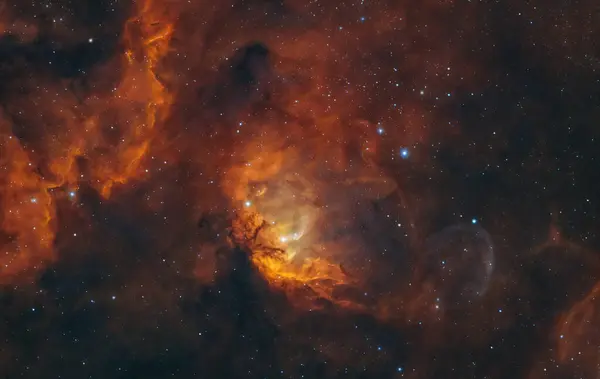 Lale Bulutsusu 'nun teleskopuyla ya da Kuğu takımyıldızı' nda Sharpless 101 ile yapılan bir Astrofotoğraf. Uzayda birçok yıldız ve parlayan kırmızı hidrojen ve mavi oksijen gazı. Yüksek kalite fotoğraf