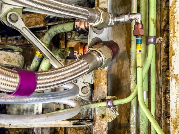 さまざまなパイプ ホース 飛行機の内部からの管の詳細なイメージ カラフルな配置で油圧ライン バルブ チューブ スイッチ ワイヤー 高品質の写真 — ストック写真