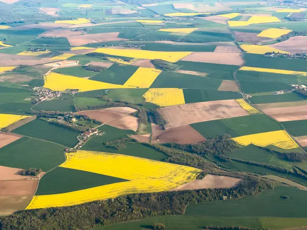法国北部的Brassica Napus是一片明亮的黄色油菜地和农场的空中图像 高质量的照片 免版税图库图片