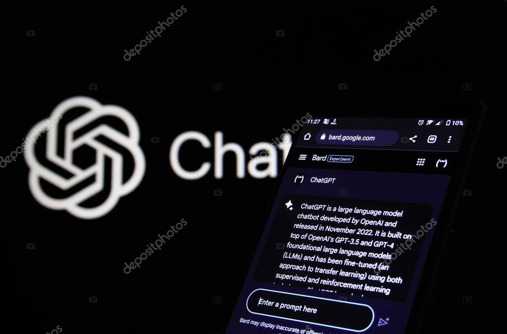 Dhaka, Bangladesh - 14 May 2023: Google bard on smartphone and ChatGPT on the background.